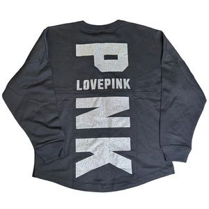 VS PINK Black Silver Glitter Varsity Oversize Crew Sweatshirt Medium NWT